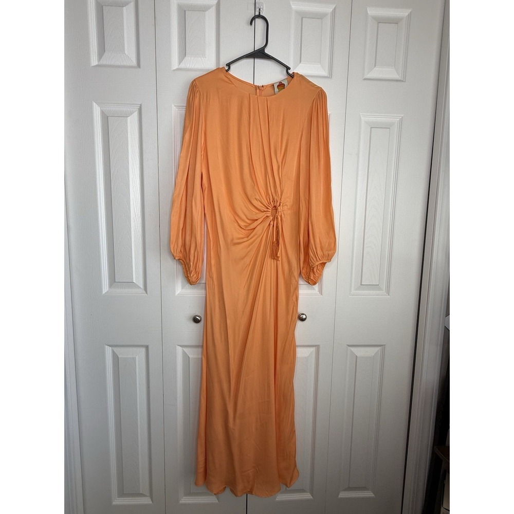 Farm Rio Dress Papaya Front Circle Cut-out Midi Pleated Jewel Neck Drawstring L